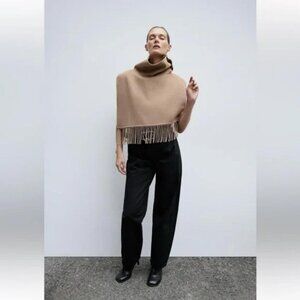 ZARA ASYMMETRICAL FRINGED WOOL BLEND CAPE
